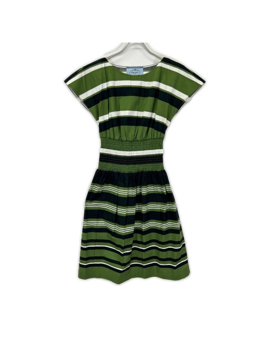 Prada Green Border Elastic Waist Flare Sleeve Dress 38